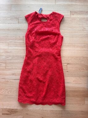 Bec & Bridge Red Lace Cap-Sleeve Sheath with Keyhole